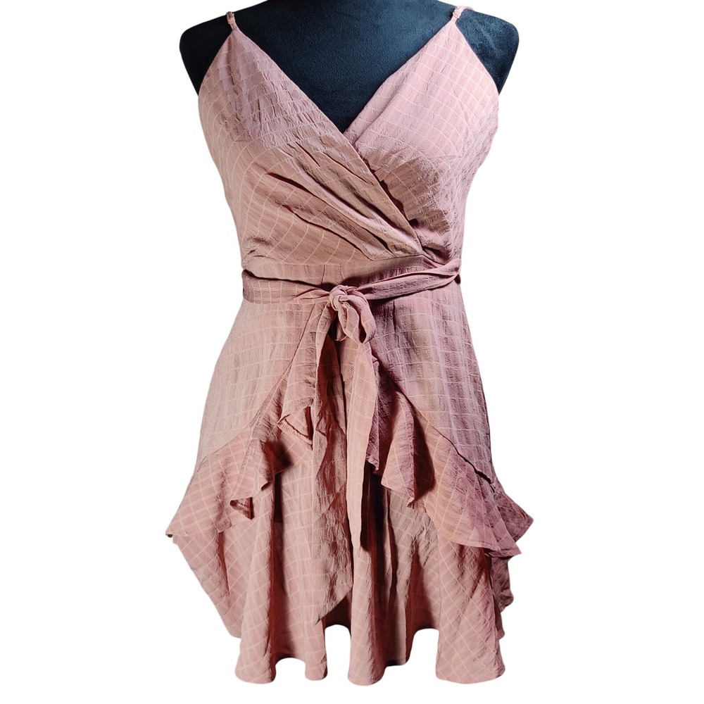 Trixxi Pink Plaid Ruffle‎ Wrap Dress Spaghetti Strap V Neck Tie Waist